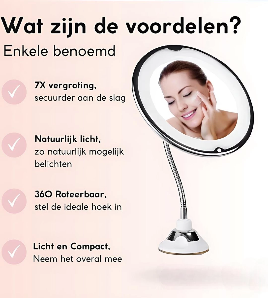 Make-Up Spiegel - 7X Vergroting - LED Licht - Make Up Spiegel Met Verlichting - Vergrootspiegel Met Zuignap - Exclusief Baterijen(Niet Ingegrepen 3AAA)3AAA - Afbeelding 2
