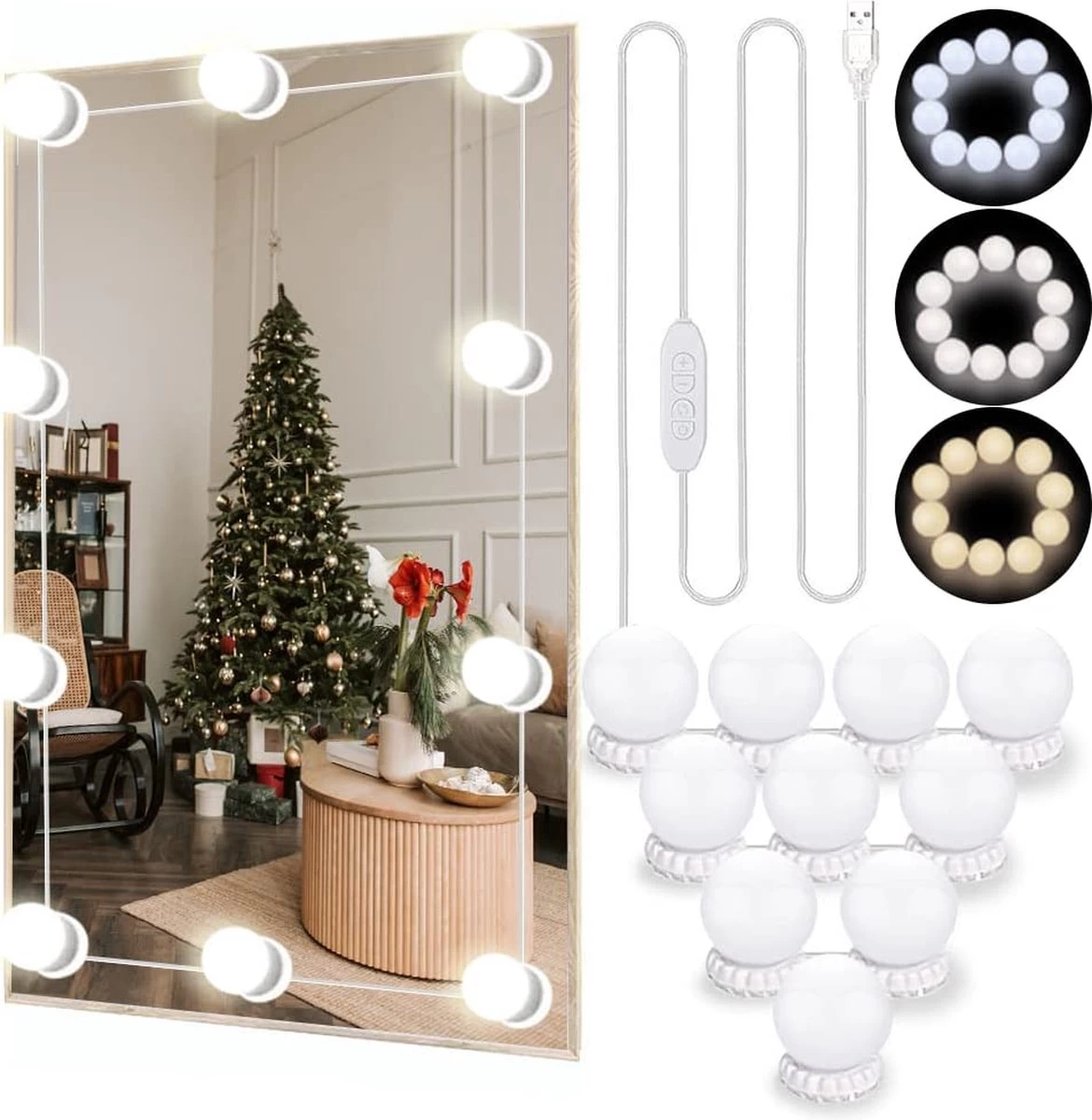 BOTC Hollywood Spiegellampen - 10 Led Spiegellampen Met 3 Lichtmodi En 10 Dimfunctie Voor Make-upspiegel - LUB90101