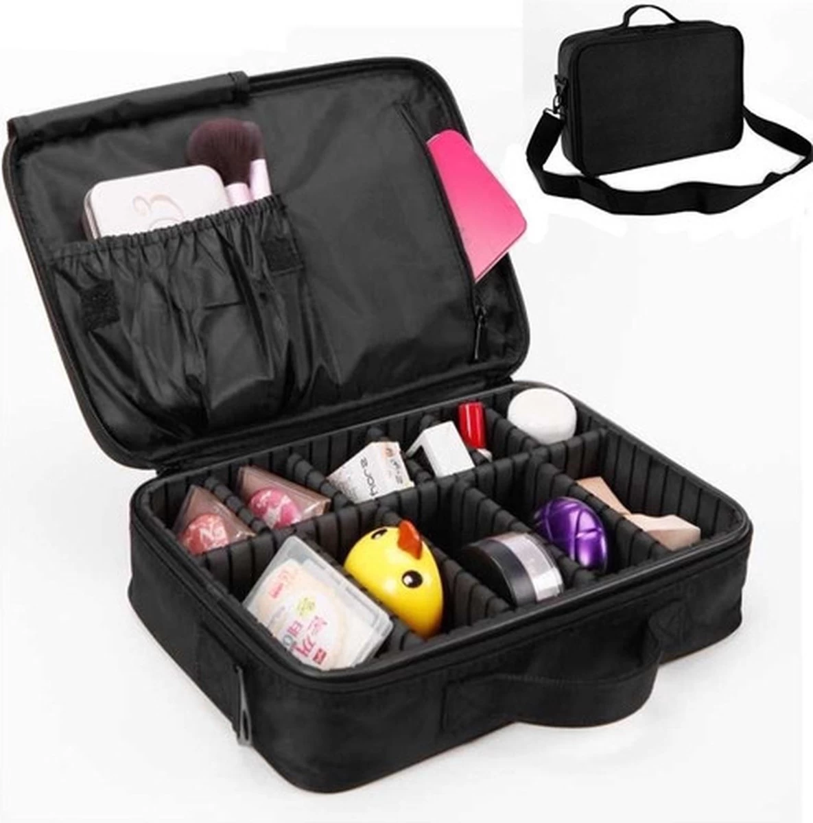 Merkloos Make-up Koffer - Cosmetica - Visagie Opbergtas - Beauty Organizer Met Verstelbare Vakken - 34x23x8CM - Zwart