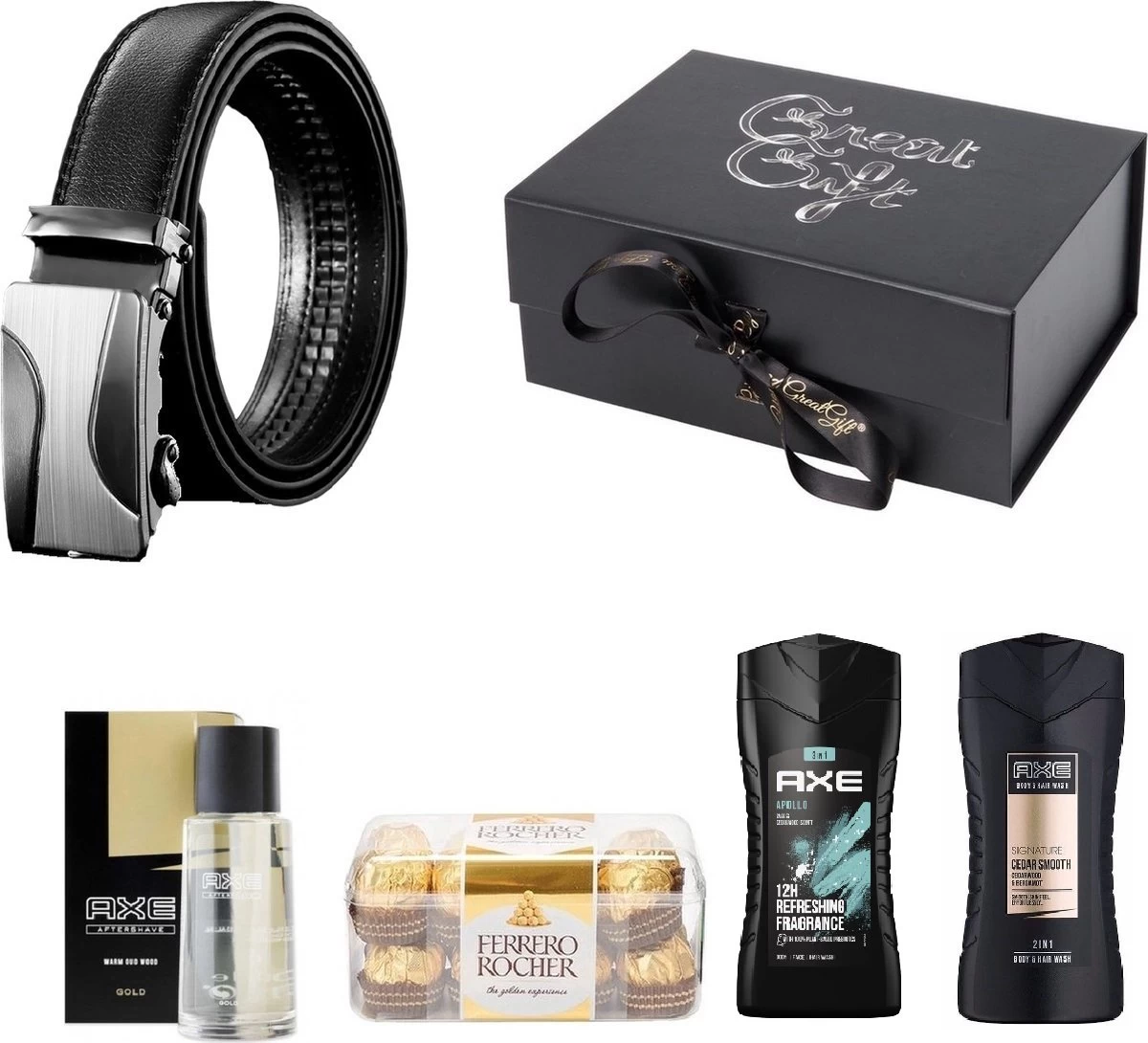 GreatGift® - Cadeaupakket Voor Hem - Met Riem - AXE Parfum - 2x AXE Shampoo - 16x Ferrero Rocher Chocolade