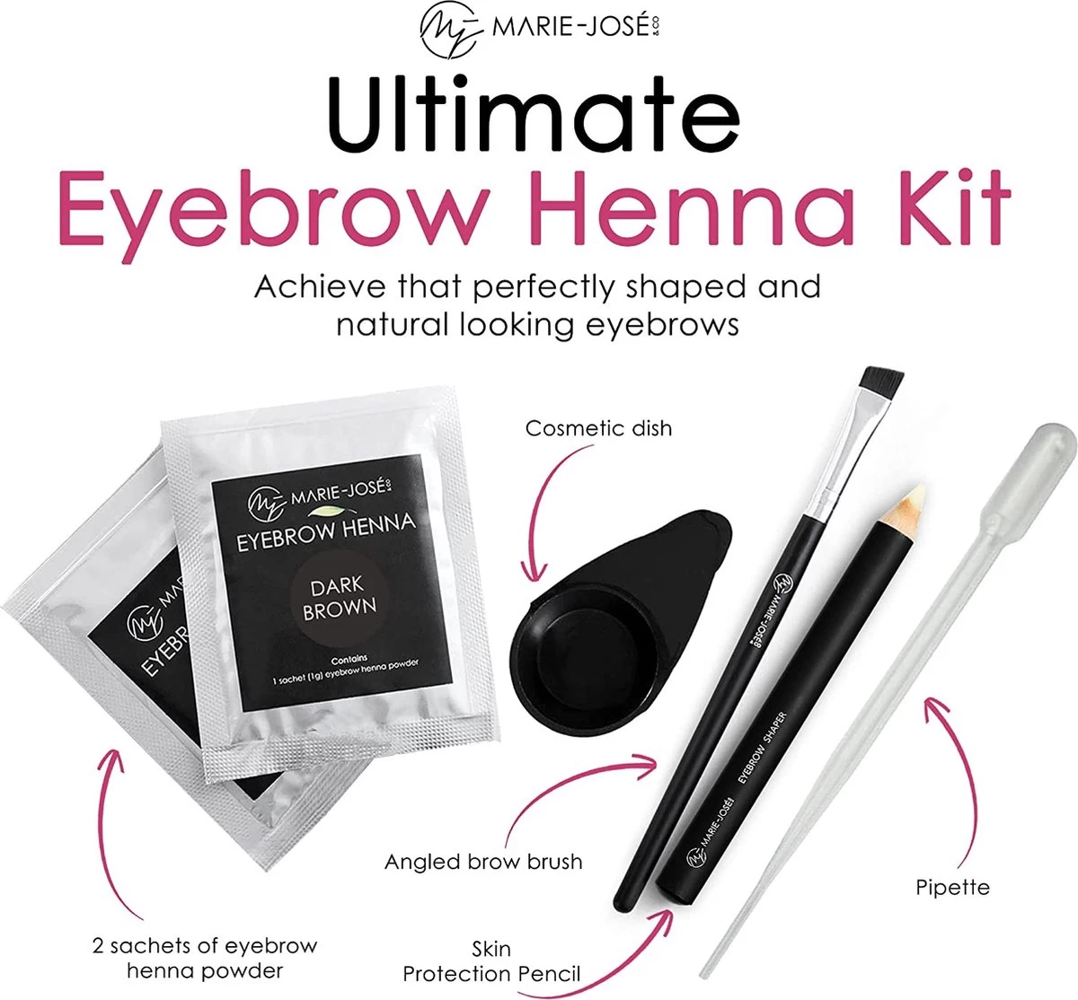 Marie-José & Co Henna Wenkbrauwverf Donkerbruin - Complete Henna Brows Kit - Tattoo Brow Set Voor 20 Paar Wenkbrauwen - Afbeelding 2