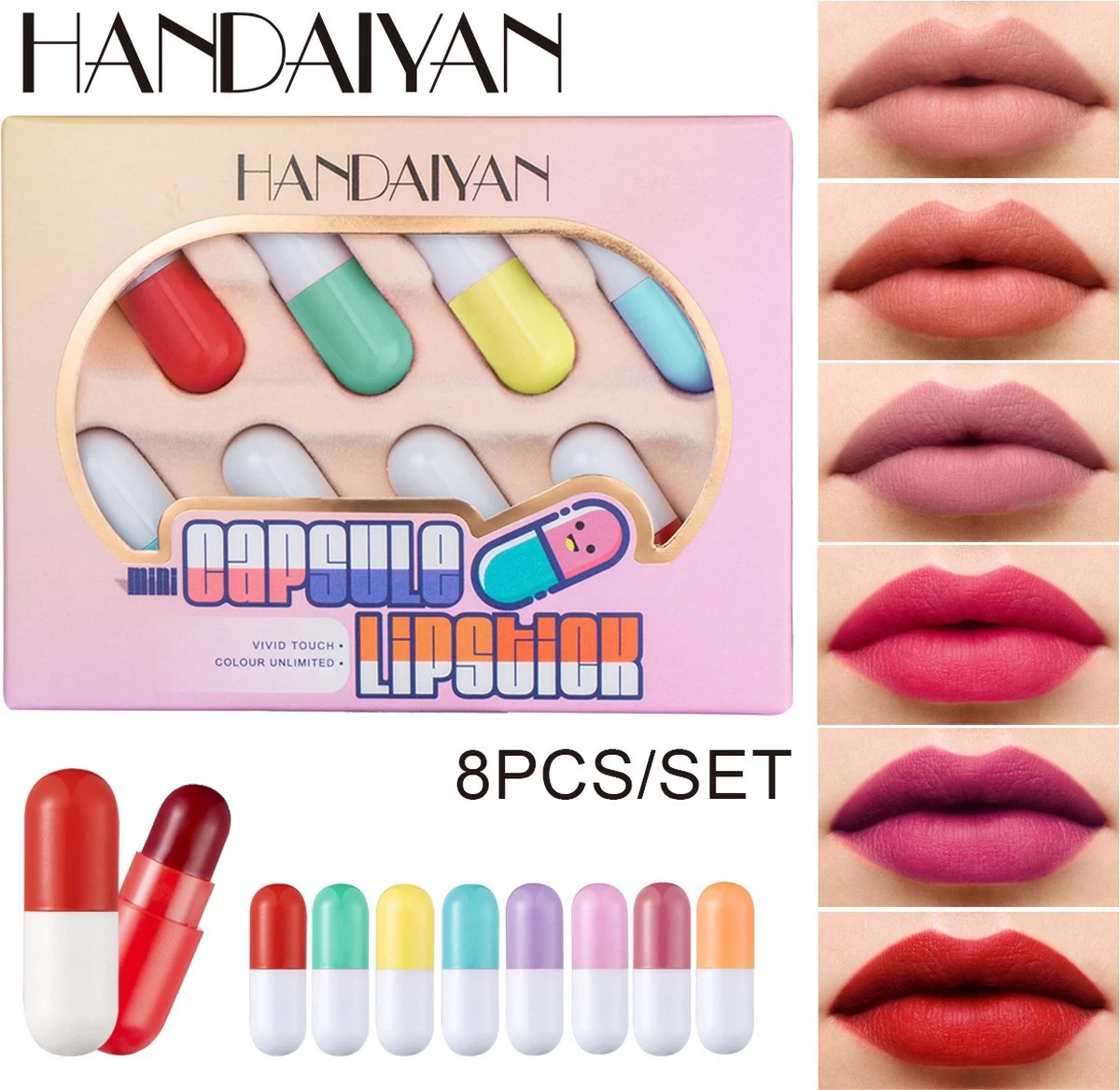 HANDAIYAN Mini Pil Lipgloss Capsule Lippenstift Lippenstift Voorbeeld 8 Kleurenset - Afbeelding 4