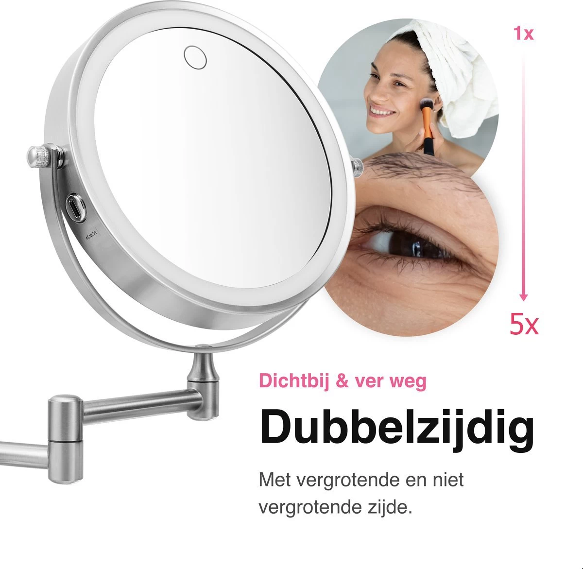 MH Products - Make Up Spiegel - Rond - Wanspiegel - Spiegellamp - 5x Vergroting - 17,5 Cm CM - Afbeelding 4