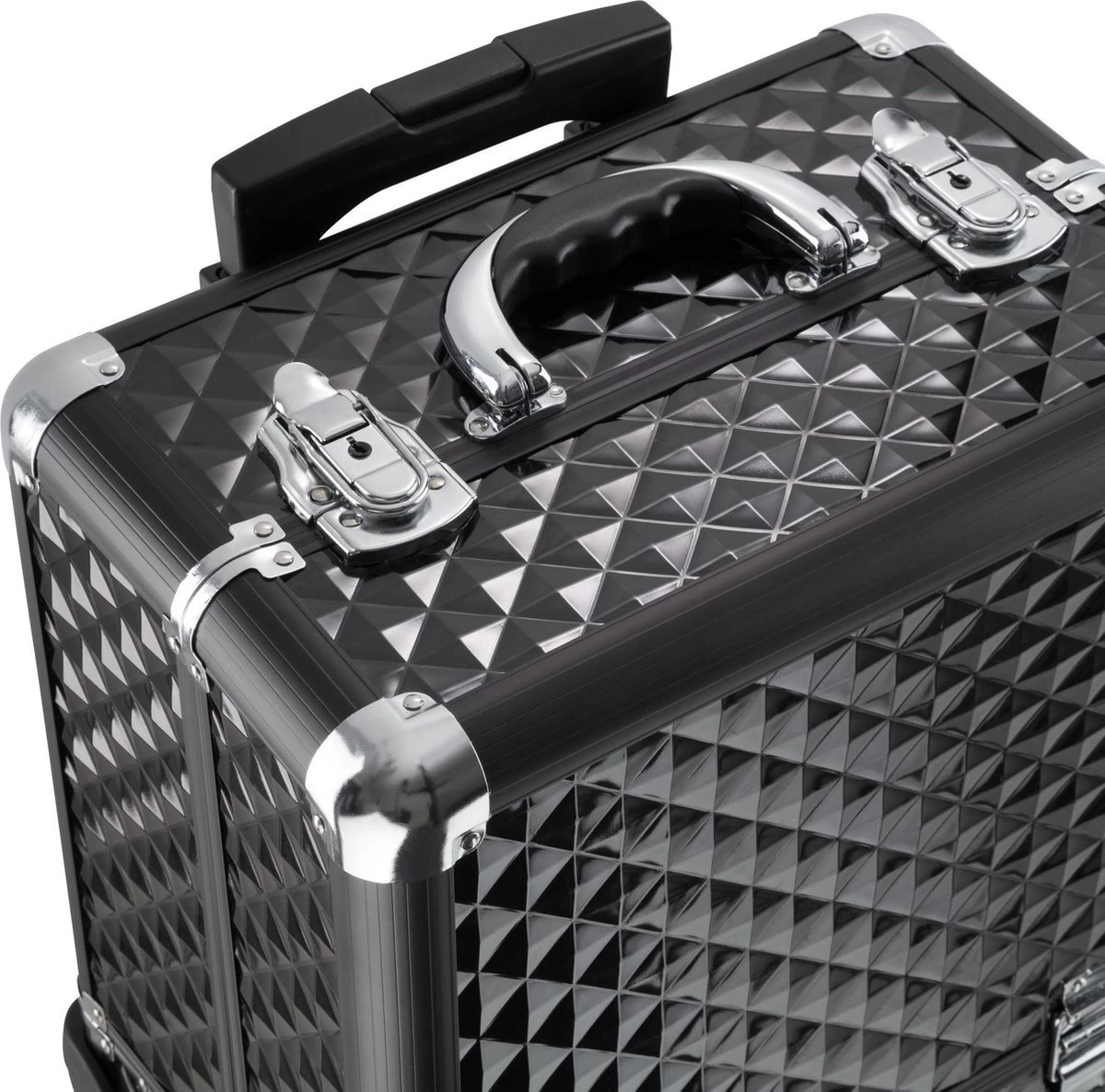 Dreamble Make-up Koffer - Make-up Trolley - Zwart - Rijdbaar - Met Wieltjes - Compact - 8 Vakken - Met Slot - 2 Sleutels - Afbeelding 4