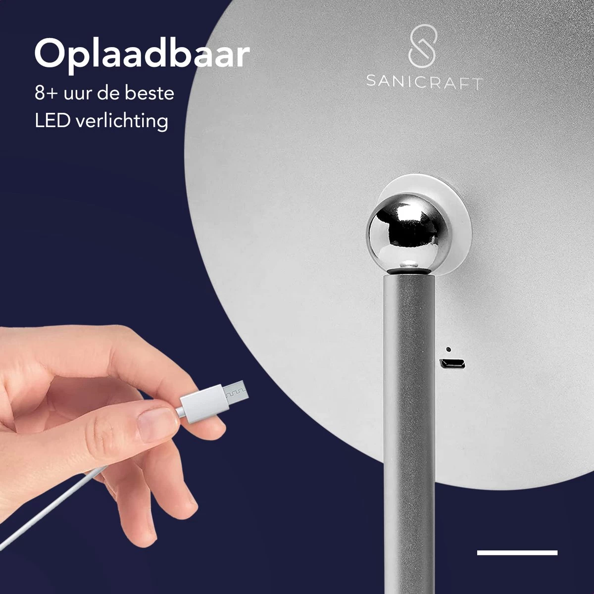 Make-up Spiegel Van Sanicraft® - USB Oplaadbaar - 360 Graden Draaibaar - Make Up Spiegel Met LED Verlichting - Afneembaar 10x Vergroting Spiegeltje - Diameter 17cm - Afbeelding 5