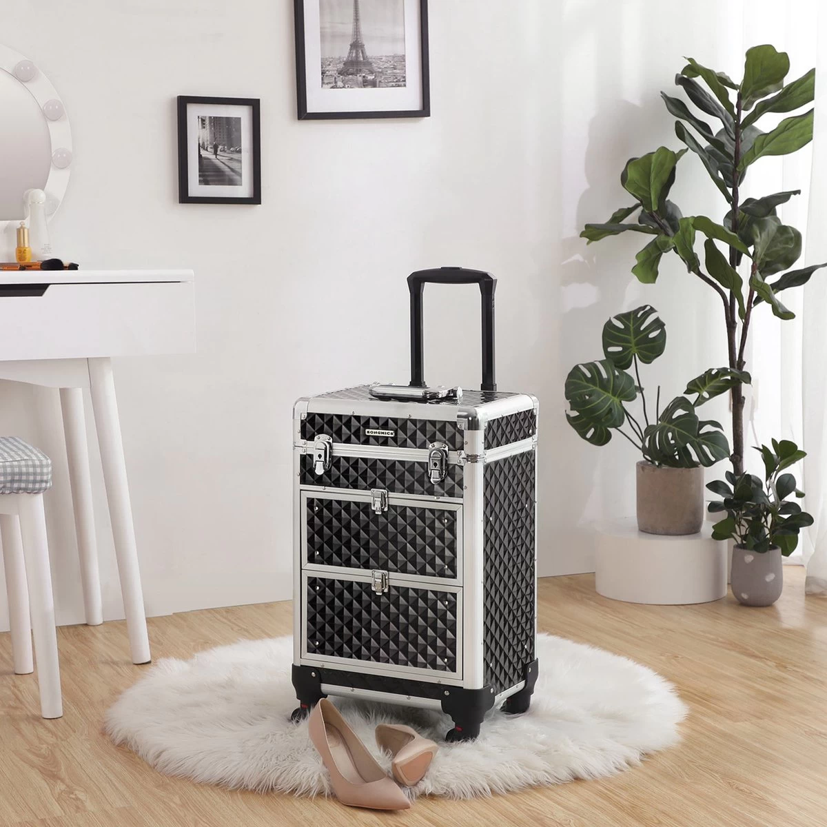 Hoppa! Cosmetic Case Trolley, Professionele Make-up Case, Kapperskoffer Met 4 Uitneembare Universele Wielen, Make-up Case, Top Met 3 Uittrekbare Compartimenten, Laden, Voor Op Reis, Zwart - Afbeelding 2