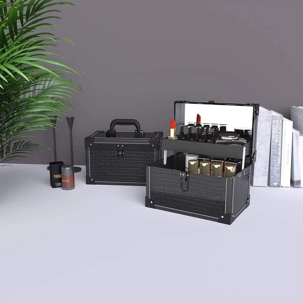 Make Up Koffer- Make Up Organizer- Beautycase -zwart -Make-upkoffer- Multifunctionele Koffer- Make-upkoffer- Sieradenkoffer- Kapperskoffer- Afneembare Schouderriem- Klassieke Zwarte Beautycase - Afbeelding 4