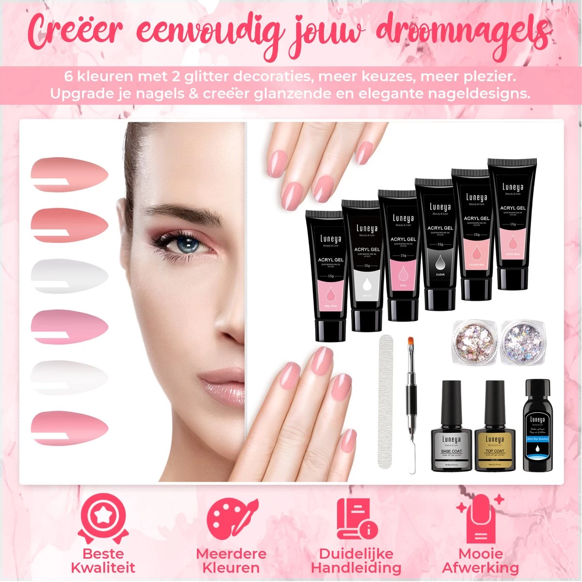 Luneya Polygel Kit - 6 Kleuren - Polygel Nagels Starterspakket - Tasje - Incl. UV LED Lamp - Afbeelding 3