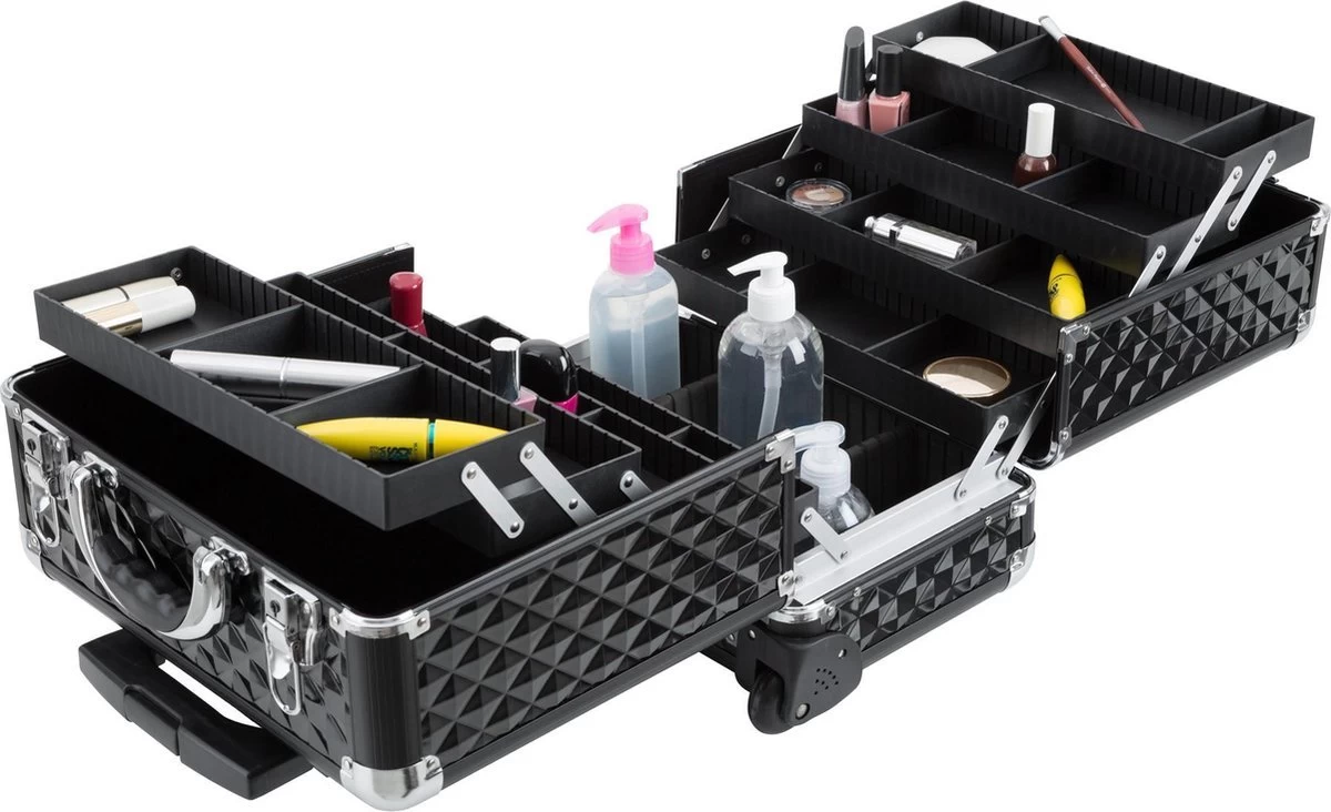 Dreamble Make-up Koffer - Make-up Trolley - Zwart - Rijdbaar - Met Wieltjes - Compact - 8 Vakken - Met Slot - 2 Sleutels - Afbeelding 7