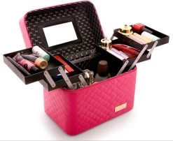 A&K Make Up Koffer | Uitklapbaar | 5 Opbergbakken | Reis Travel Case | Met Spiegel | Roze