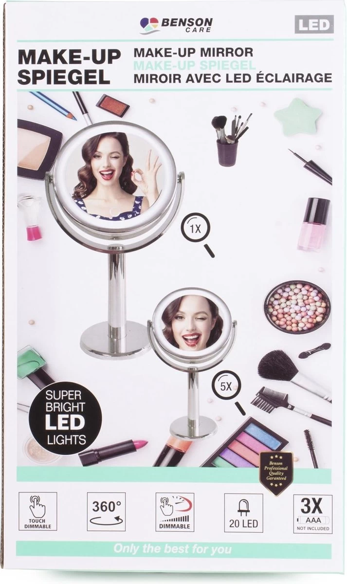 Benson Make Up Spiegel - LED Touch - Dimbaar - 2-Zijdig- Chroom - Afbeelding 3