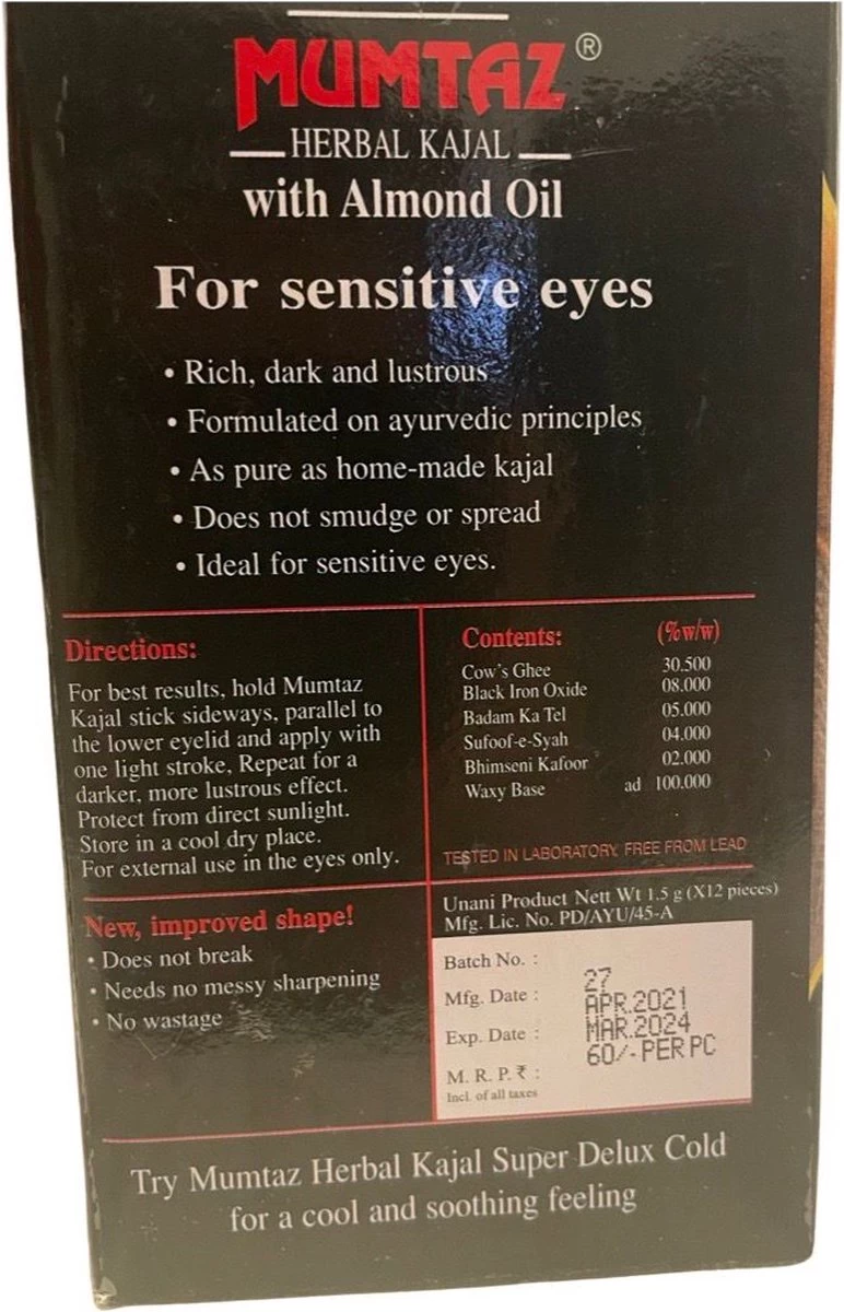 GoodUse Export Mumtaz Herbal Kajal Stick 1 Stuks - Zwarte Eyeliner - Kajal Oogpotlood Zwart - Make Up - Kohl Kajal - Gevoelige Ogen - Amandelolie - Natuurlijk - Afbeelding 4
